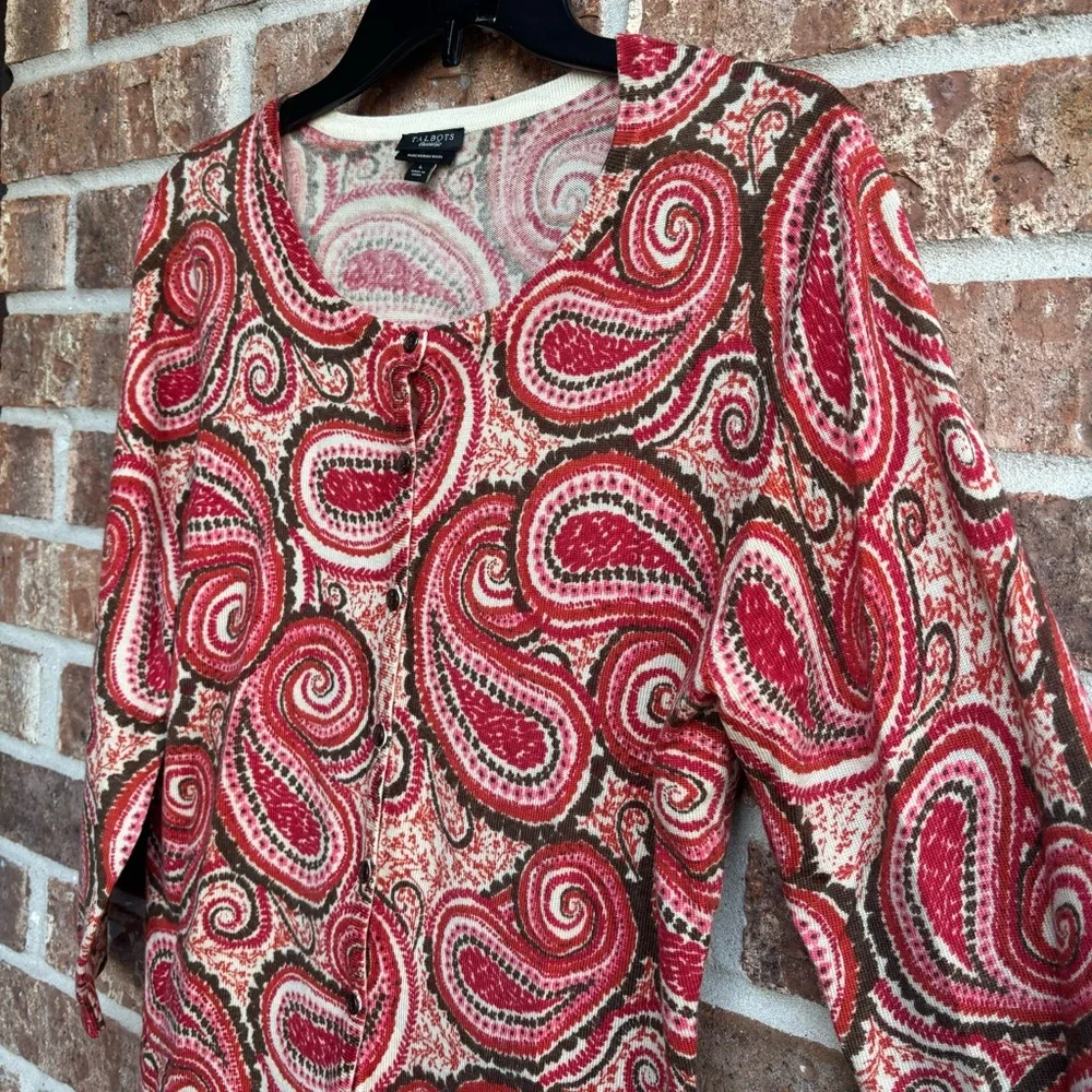 Talbots Pure Merino Wool Cardigan 3/4 Sleeve Burnt Orange Paisley